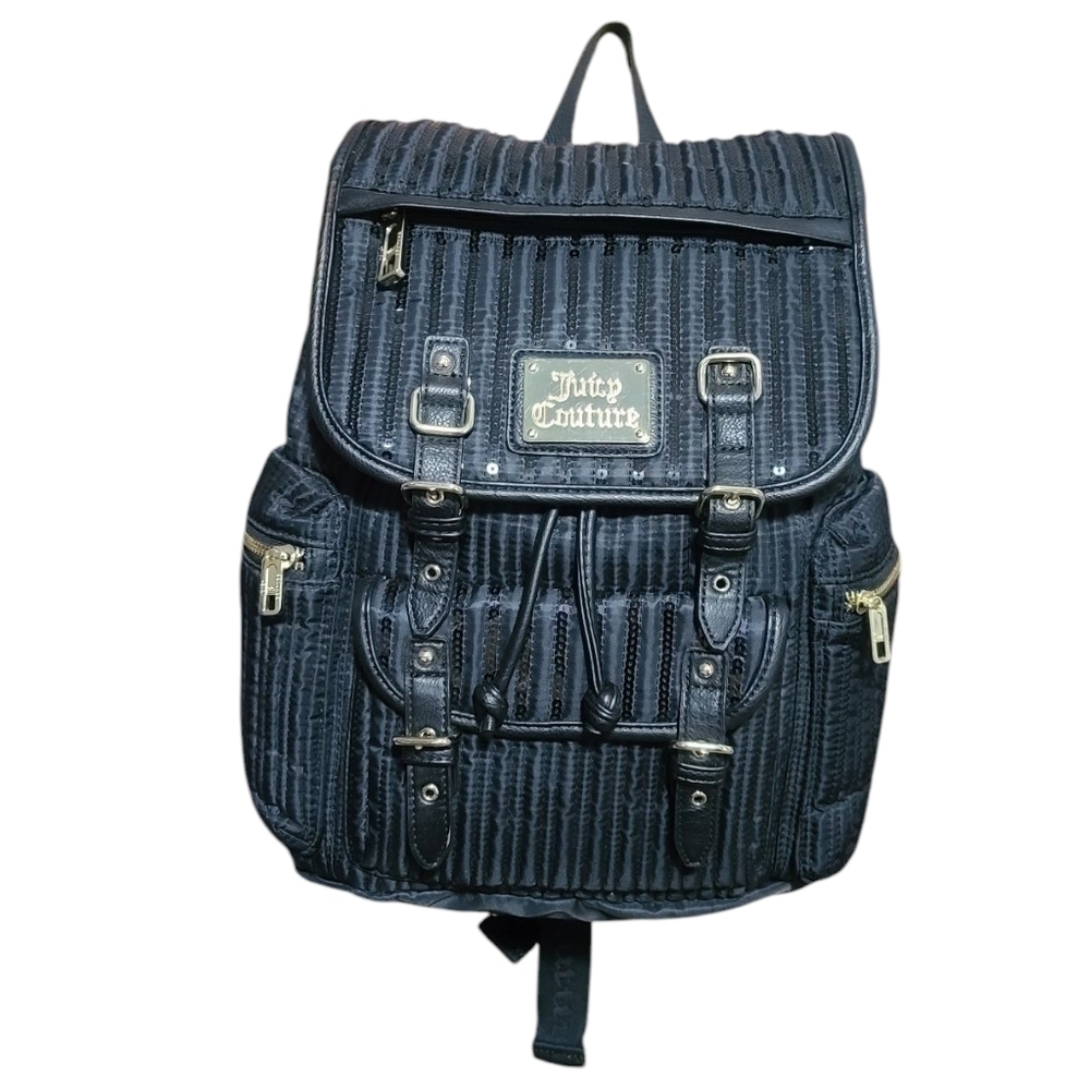 JUICY COUTURE Black Satin Sequin Quilted Drawstring Backpack With Gold Hardware